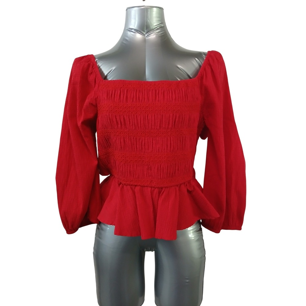 Mi Ami Francescas Red Smocked Peplum Top Long Balloon Sleeve Tie Back L TFD22058